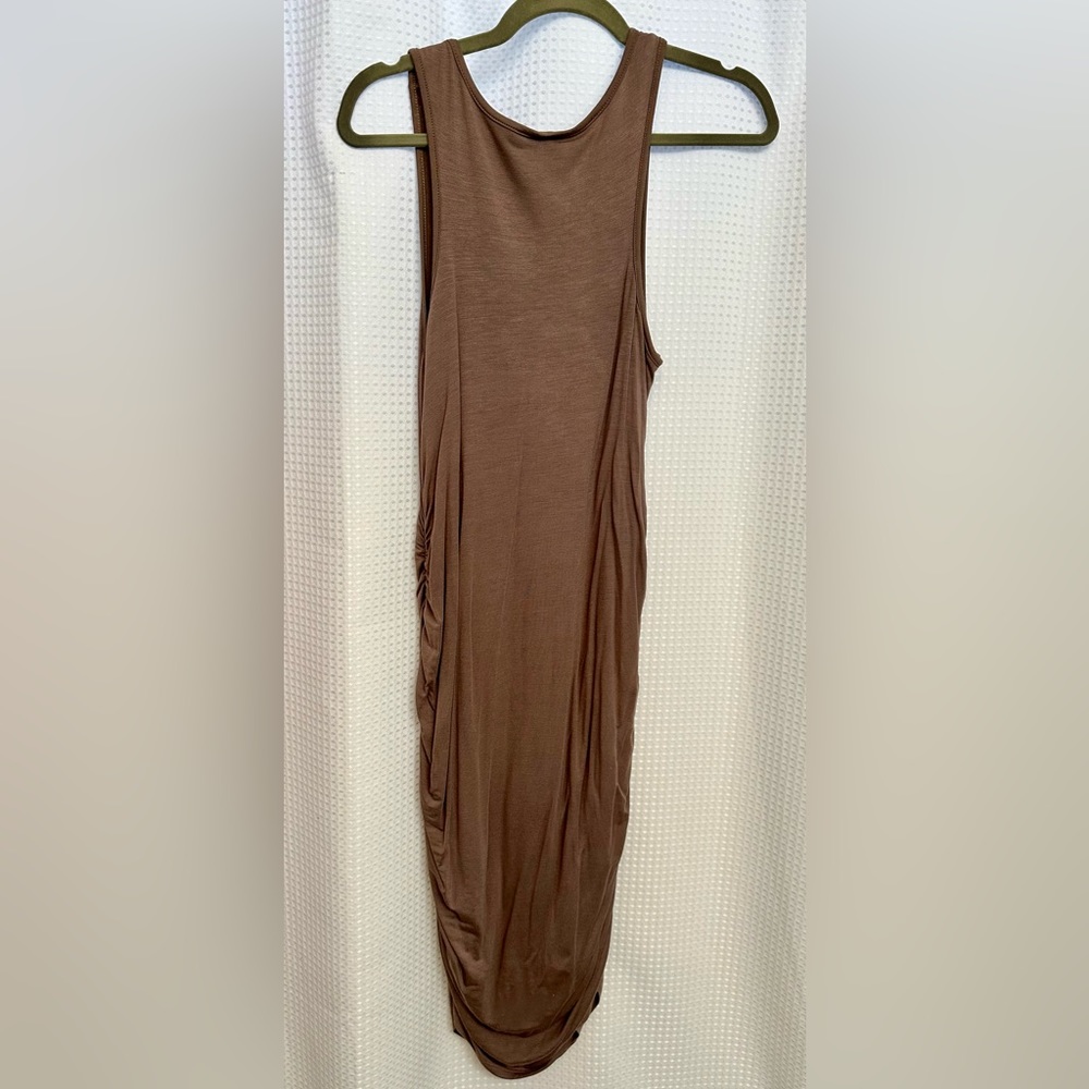 Mocha Solid Ruched Fitted Maternity Bodycon Midi … - image 5